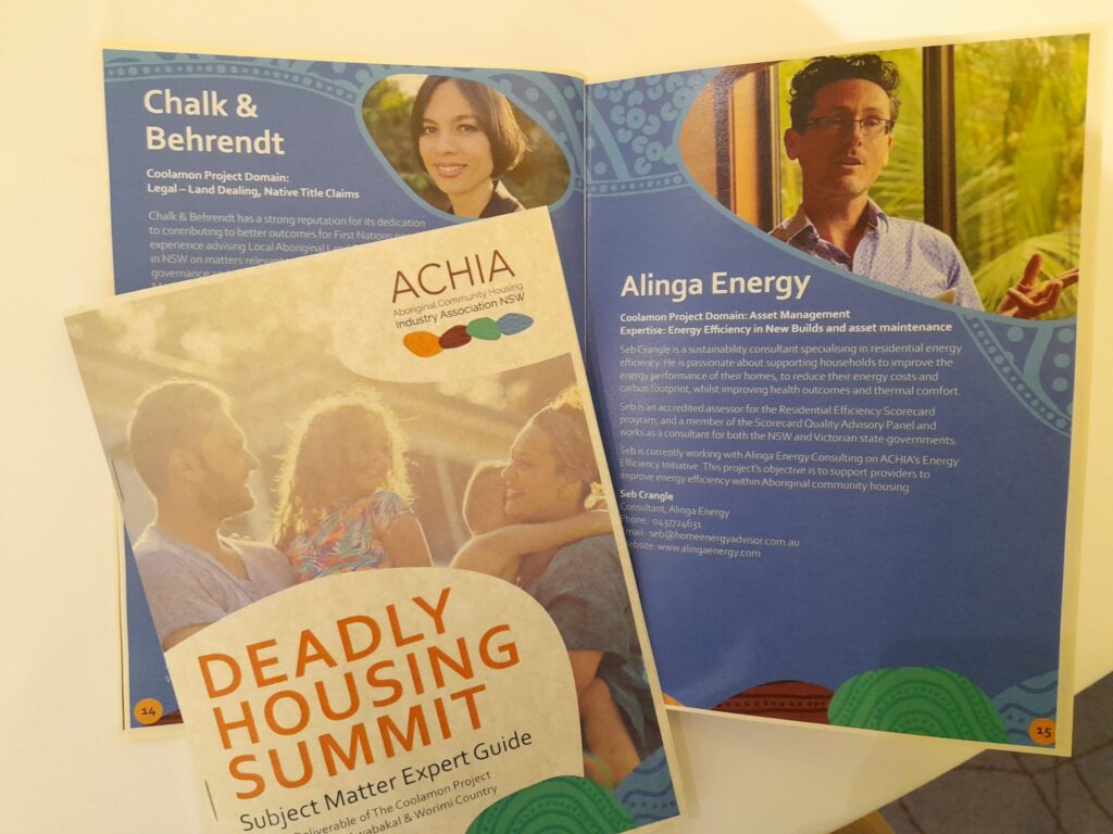 Programme from the Aboriginal Community Housing Summit, (ACHIA) in 2024, with Seb representing Alinga Energy Consulting.