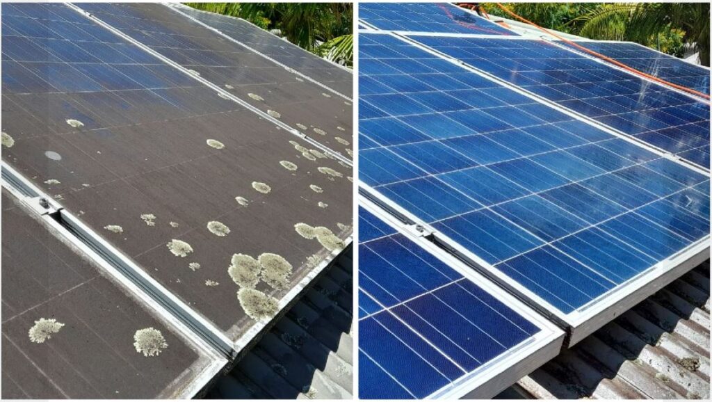 Before and after photo of solar panel cleaning